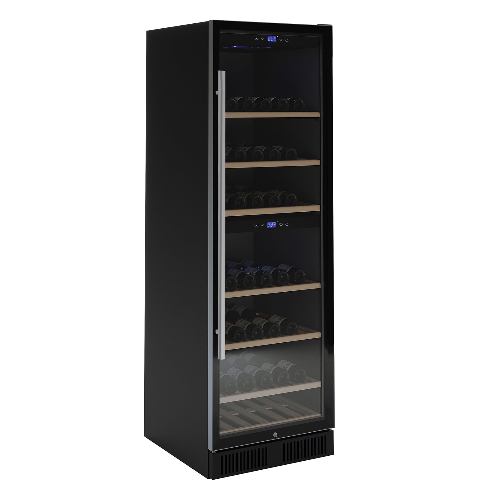 VinoVault 180 Bottle Dual Zone Built-In Wine Fridge – Stainless with glass-front door, wooden shelves holding wine bottles, and digital displays for dual temperature zones, showcasing its elegant and spacious design.
