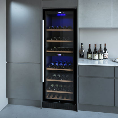 VinoVault 180 Bottle Dual Zone Built-In Wine Fridge – Stainless, set in gray cabinetry, displays wine bottles on wooden shelves, with a digital readout and blue lighting, enhancing kitchen elegance.