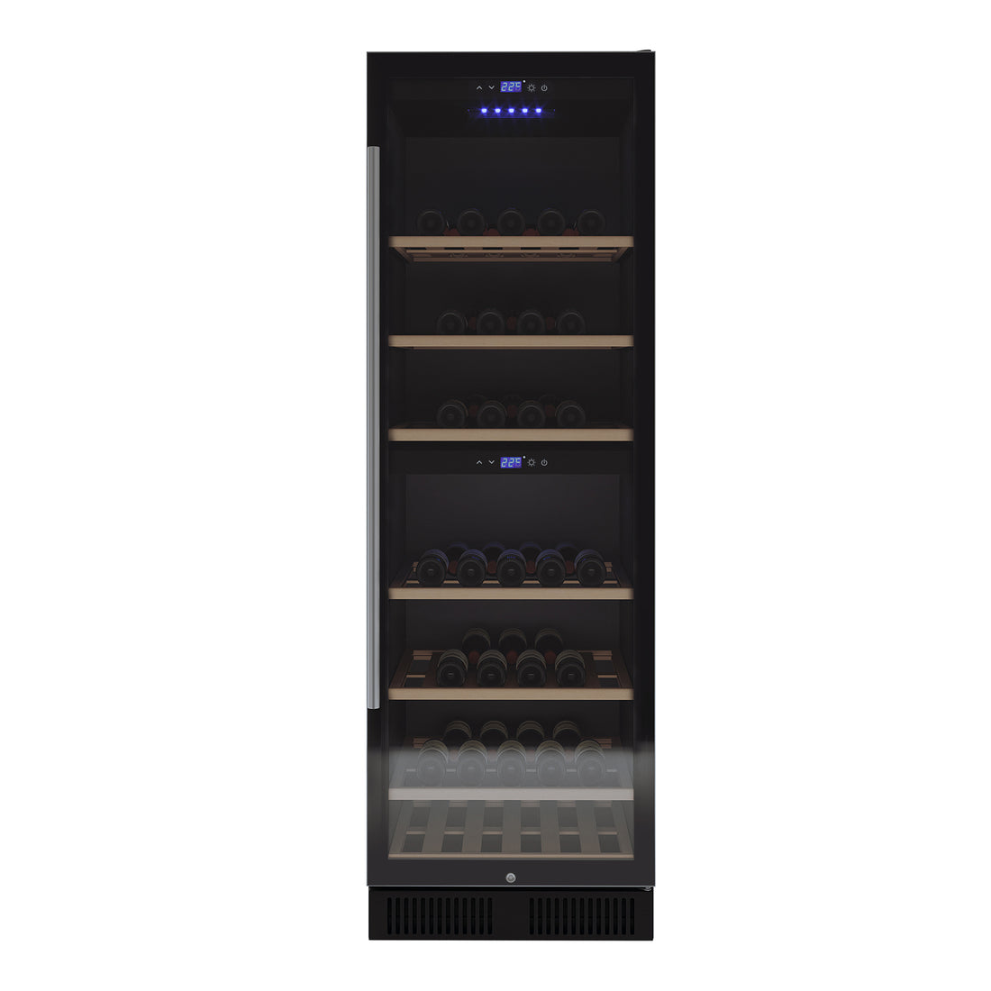 VinoVault 180 Bottle Dual Zone Built-In Wine Fridge – Stainless, featuring a glass-front door, wooden shelves with wine bottles, vertical metal handle, dual-zone digital displays, and soft LED interior lighting.