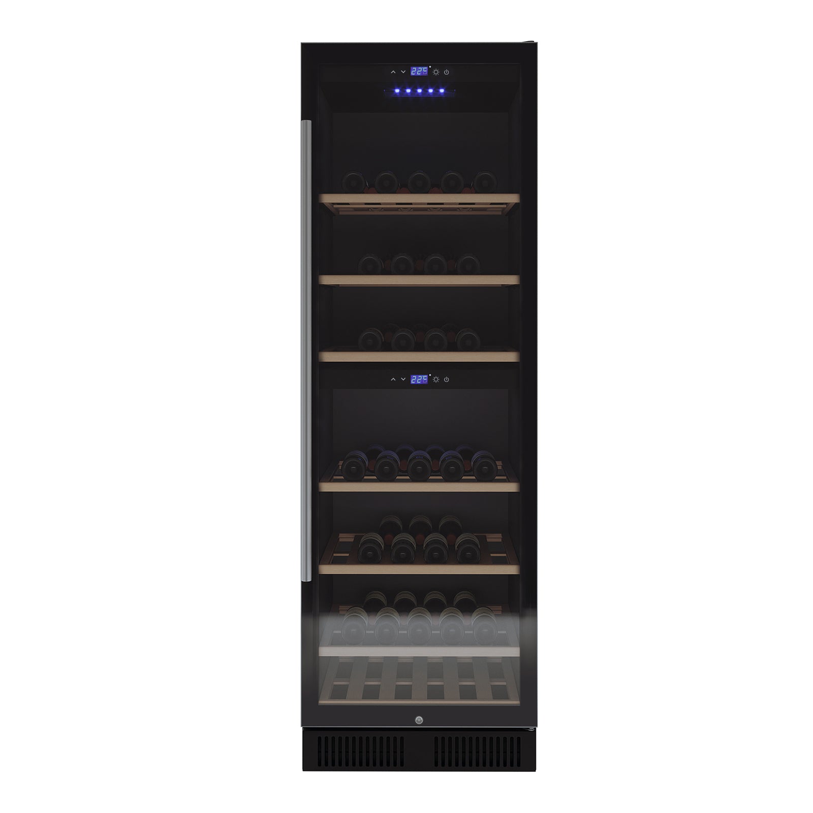 VinoVault 180 Bottle Dual Zone Built-In Wine Fridge – Stainless, featuring a glass-front door, wooden shelves with wine bottles, vertical metal handle, dual-zone digital displays, and soft LED interior lighting.