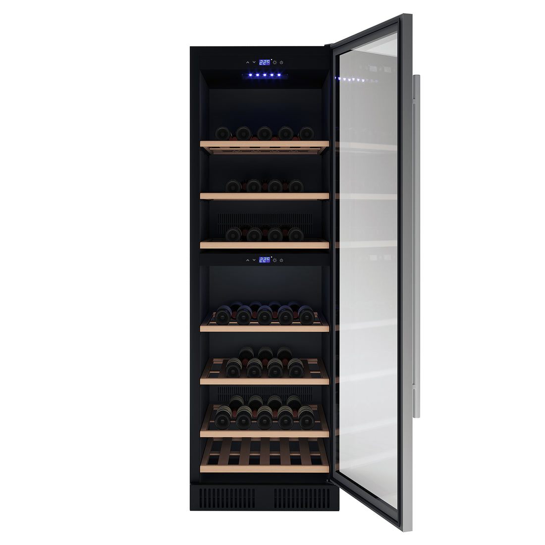 VinoVault 180 Bottle Dual Zone Built-In Wine Fridge – Stainless, featuring a glass door with a vertical handle, open to reveal wooden shelves with wine bottles, digital display, and blue LED lighting.