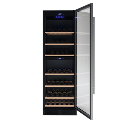 VinoVault 180 Bottle Dual Zone Built-In Wine Fridge – Stainless, featuring a glass door with a vertical handle, open to reveal wooden shelves with wine bottles, digital display, and blue LED lighting.