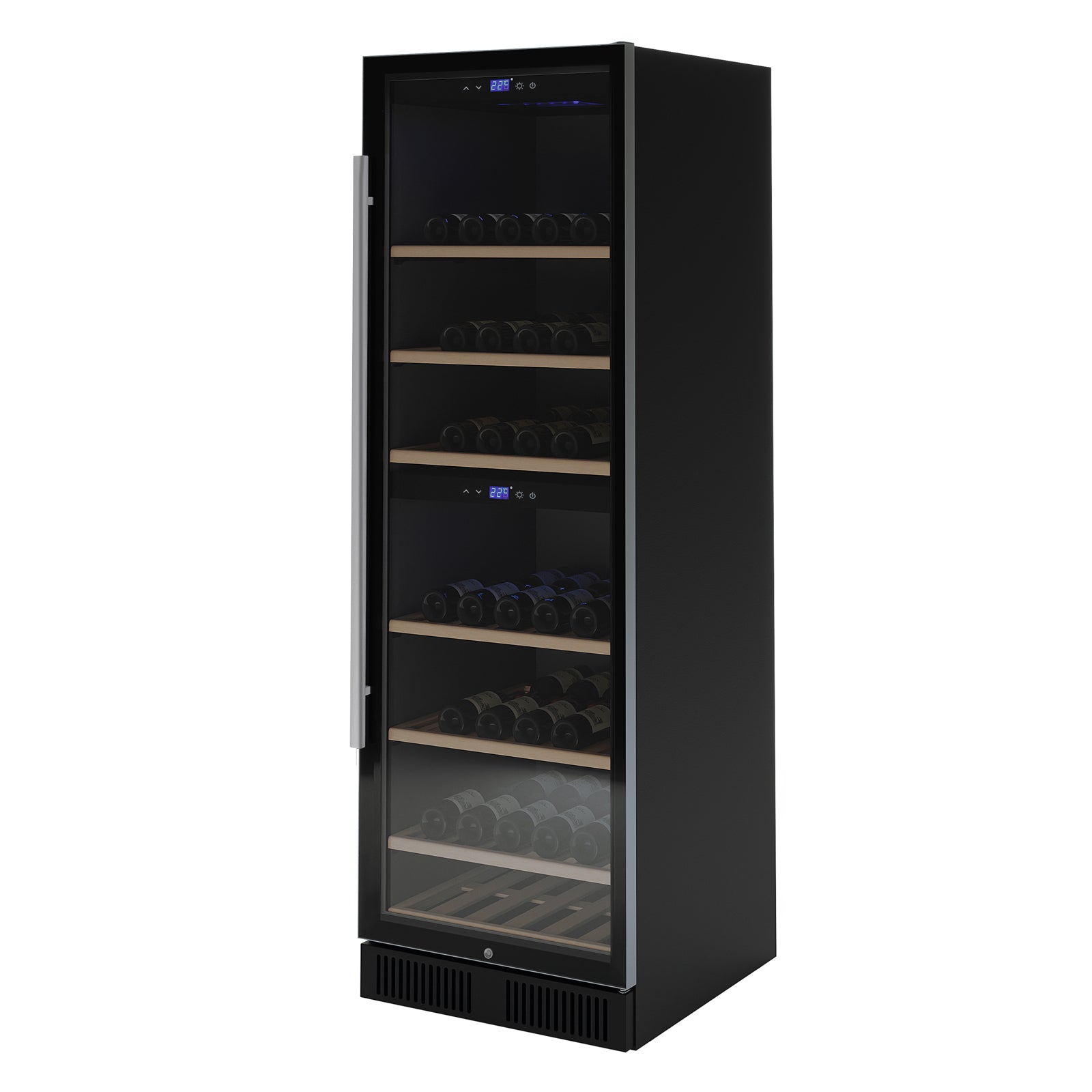 VinoVault 180 Bottle Dual Zone Built-In Wine Fridge – Stainless, featuring a tempered-glass door, stainless handle, wood-trimmed shelves with wine bottles, and digital temperature displays, designed for versatile wine storage.