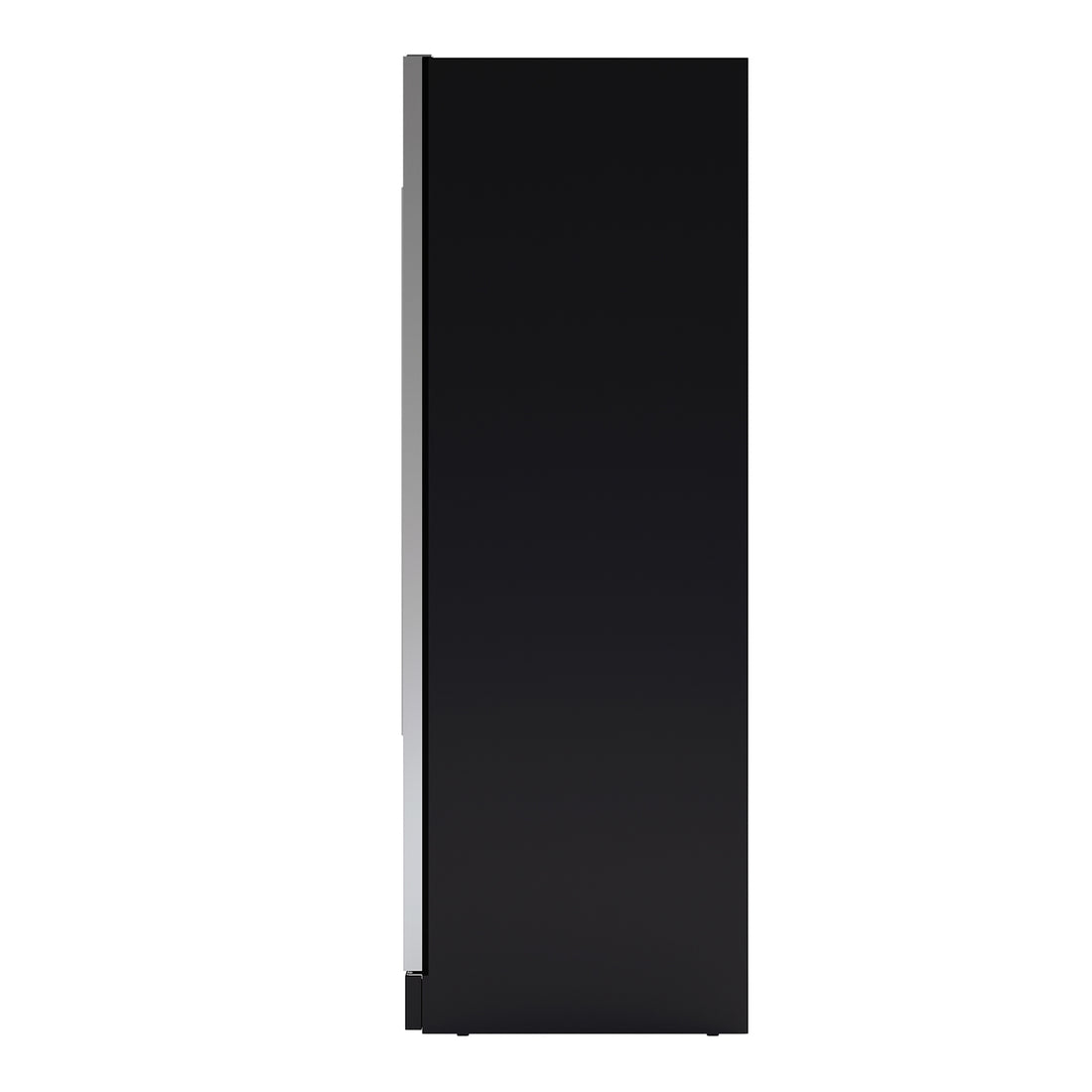 VinoVault 180 Bottle Dual Zone Built-In Wine Fridge – Stainless, side view showcasing sleek black door with silver trim and handle, highlighting its slim profile for stylish, space-efficient wine storage.
