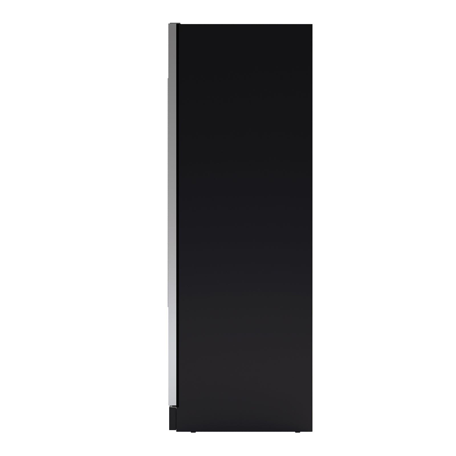 VinoVault 180 Bottle Dual Zone Built-In Wine Fridge – Stainless, side view showcasing sleek black door with silver trim and handle, highlighting its slim profile for stylish, space-efficient wine storage.