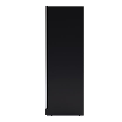 VinoVault 180 Bottle Dual Zone Built-In Wine Fridge – Stainless, side view showcasing sleek black door with silver trim and handle, highlighting its slim profile for stylish, space-efficient wine storage.