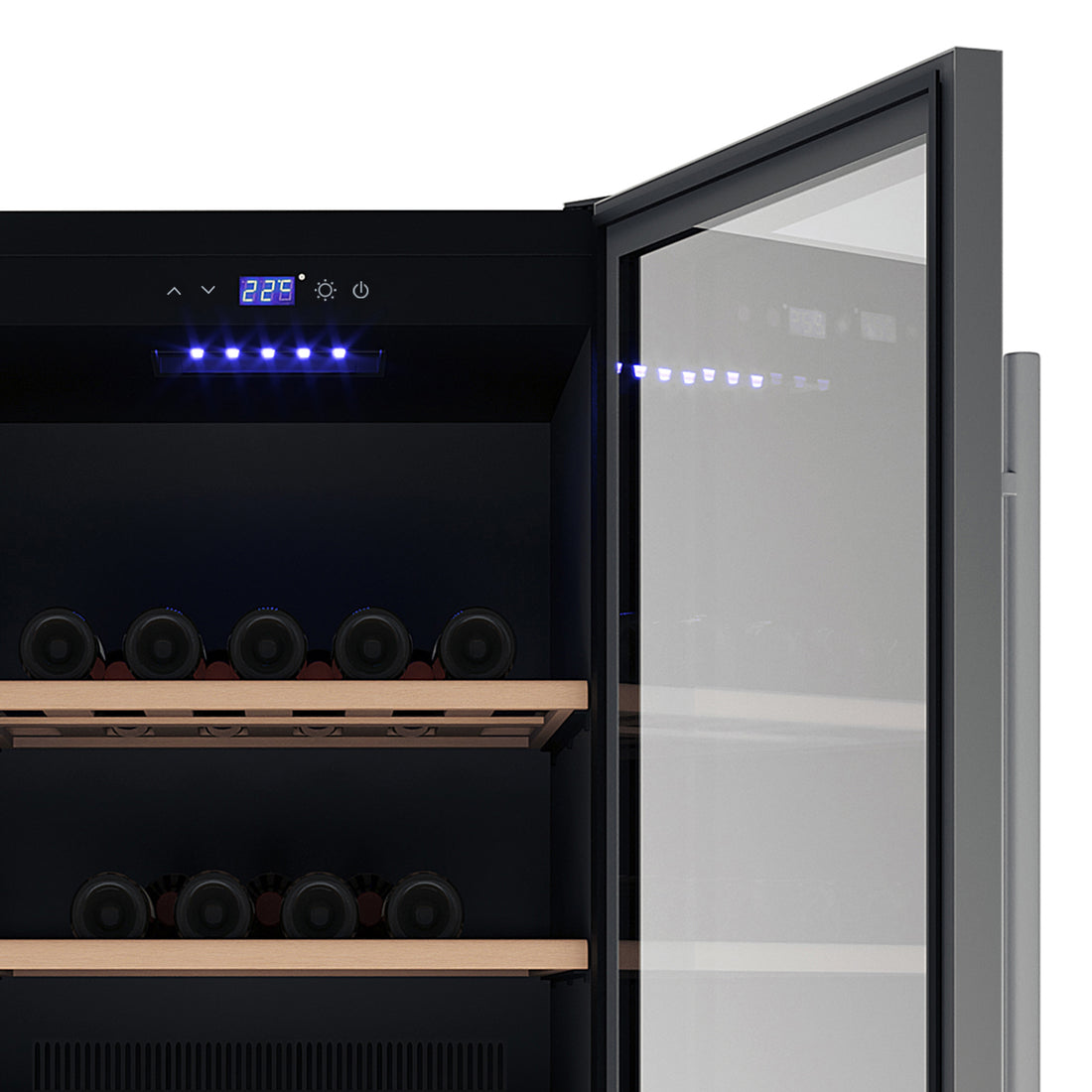 VinoVault 180 Bottle Dual Zone Built-In Wine Fridge – Stainless, featuring wooden shelves with wine bottles, a partly open tinted glass door, digital control panel, and blue LED lights illuminating the interior.