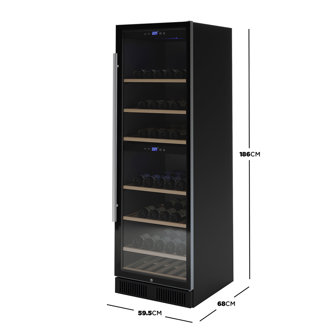 VinoVault 180 Bottle Dual Zone Built-In Wine Fridge – Stainless features a black cabinet with a glass door, five wooden shelves, and dual digital displays, showcasing its spacious design and modern functionality.