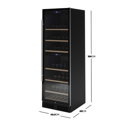 VinoVault 180 Bottle Dual Zone Built-In Wine Fridge – Stainless features a black cabinet with a glass door, five wooden shelves, and dual digital displays, showcasing its spacious design and modern functionality.