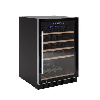 H51D 51 Bottle Slim Built-In Wine Fridge with UV Glass in Black, featuring a glass front, stainless-steel handle, wooden shelves holding wine bottles, and a digital control panel at the top.