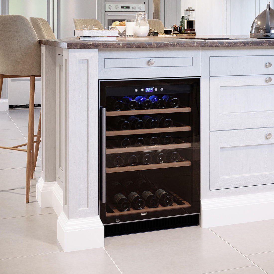 H51D 51 Bottle Slim Built-In Wine Fridge with UV Glass in Black, featuring wooden shelving, a glass door, digital temperature display, integrated into a modern kitchen island with wine bottles inside.
