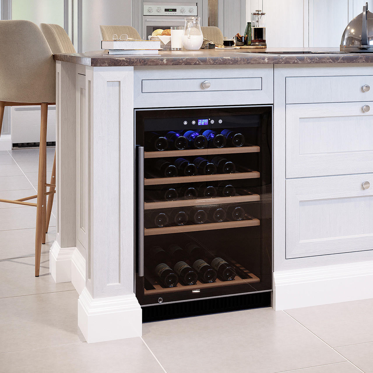 H51D 51 Bottle Slim Built-In Wine Fridge with UV Glass in Black, featuring wooden shelving, a glass door, digital temperature display, integrated into a modern kitchen island with wine bottles inside.