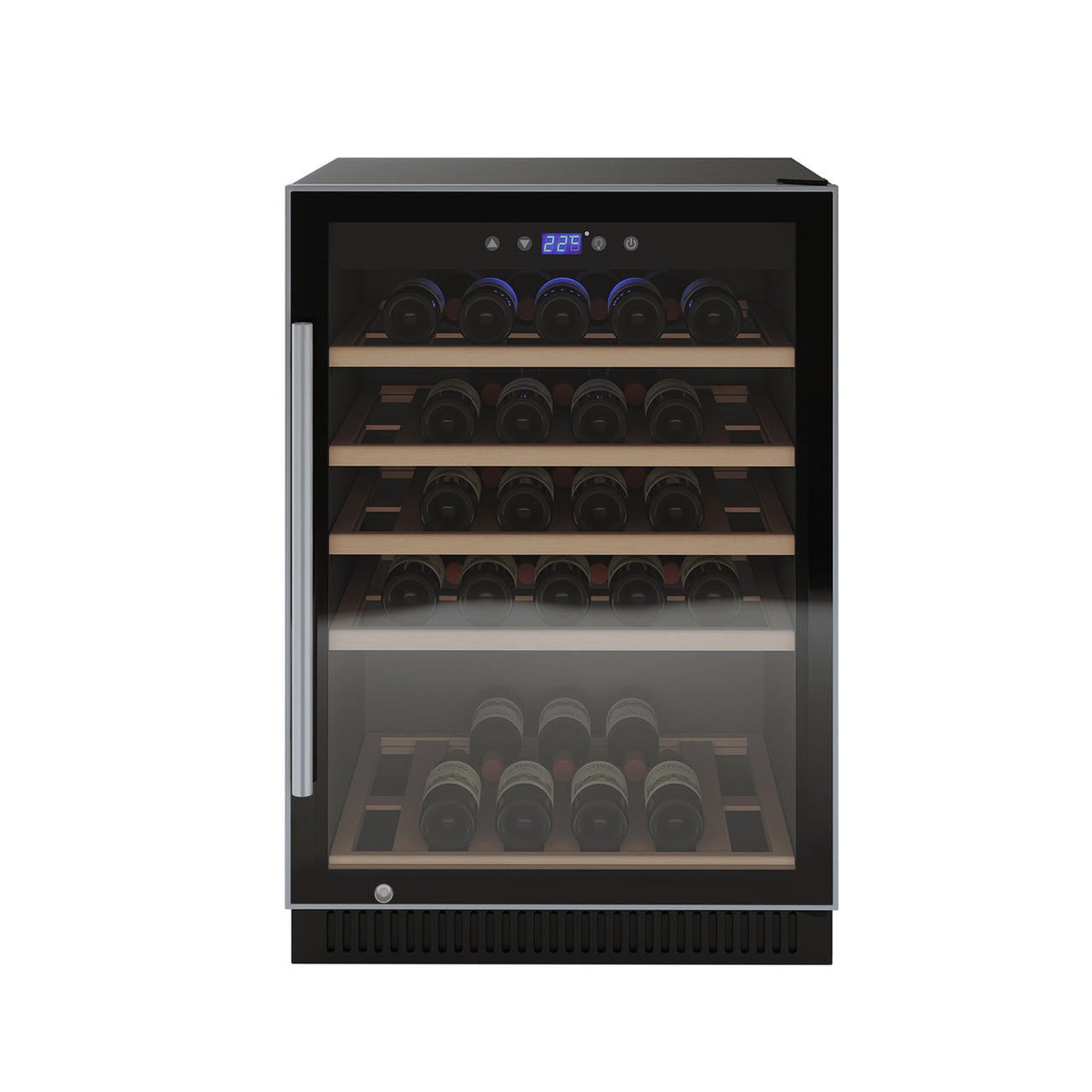 H51D 51 Bottle Slim Built in Wine Fridge with UV Glass in Black features a glass door, wooden shelves, digital display, and touch controls, showcasing a sleek design for optimal wine storage.