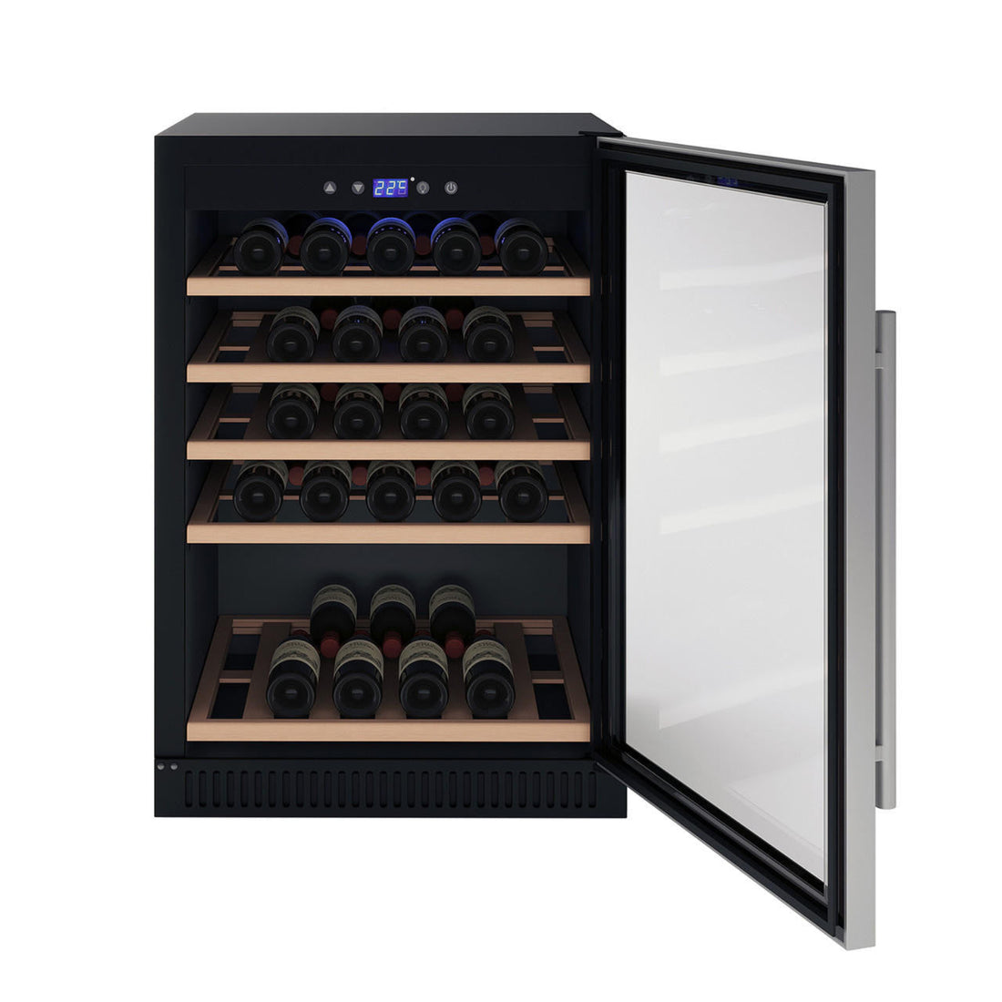 H51D 51 Bottle Slim Built-In Wine Fridge with UV Glass in Black features a glass door open, showing five wooden shelves with wine bottles, a digital LED display, and touch controls.