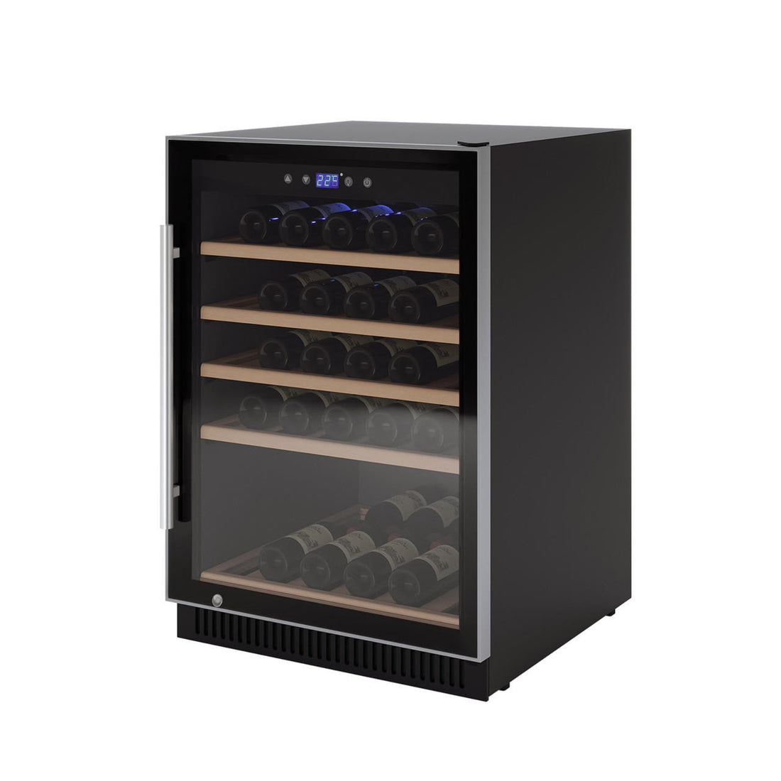 Freestanding H51D 51 Bottle Slim Built in Wine Fridge with UV Glass in Black, showcasing wine bottles on wooden shelves inside a glass-front door, with a digital temperature display.