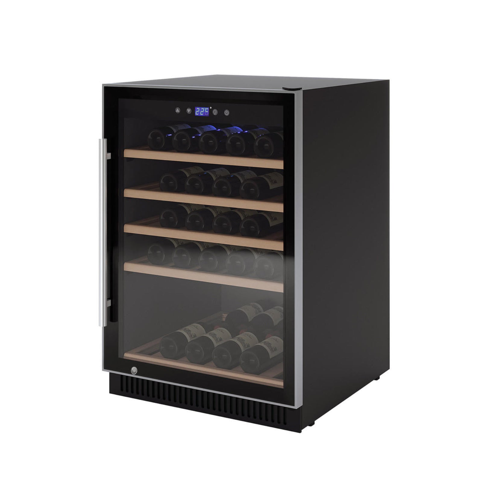 Freestanding H51D 51 Bottle Slim Built in Wine Fridge with UV Glass in Black, showcasing wine bottles on wooden shelves inside a glass-front door, with a digital temperature display.