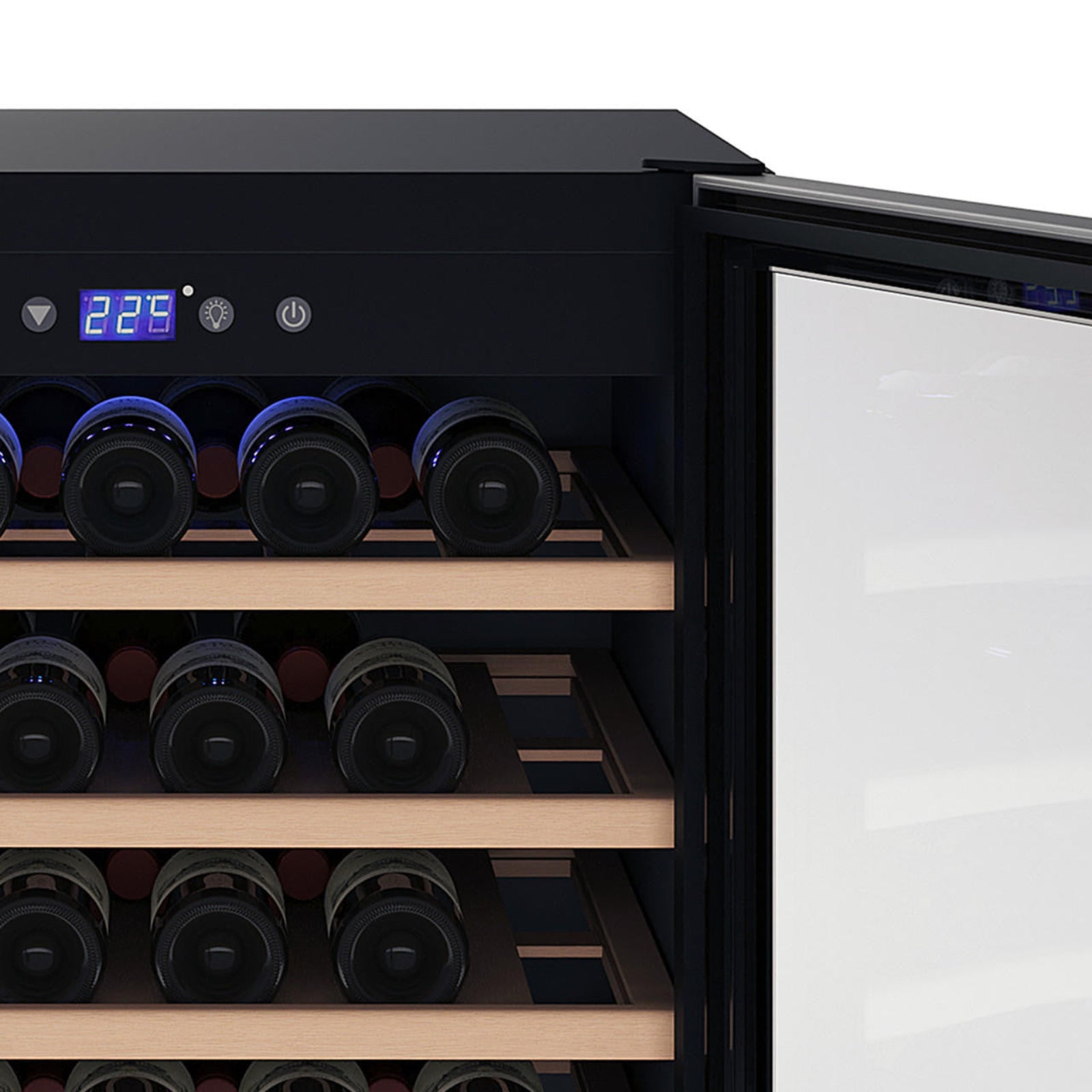 H51D 51 Bottle Slim Built-In Wine Fridge with UV Glass in Black features wooden pull-out shelves, a glass door, digital temperature display, and control buttons, showcasing sleek wine storage.