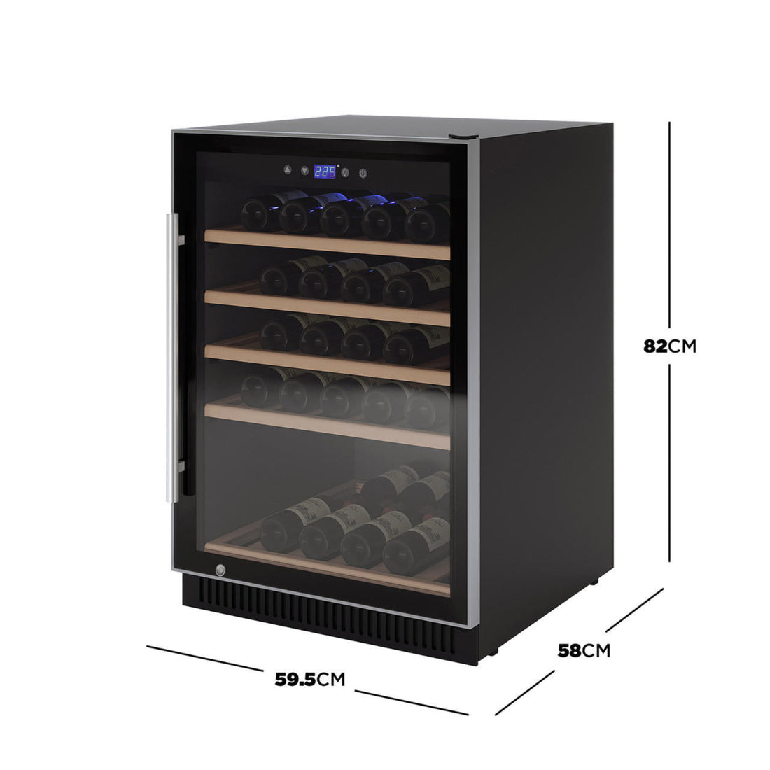 H51D 51 Bottle Slim Built in Wine Fridge with UV Glass in Black, featuring a stainless-trim glass door, digital display showing 2.25°C, and five wooden shelves stocked with wine bottles.