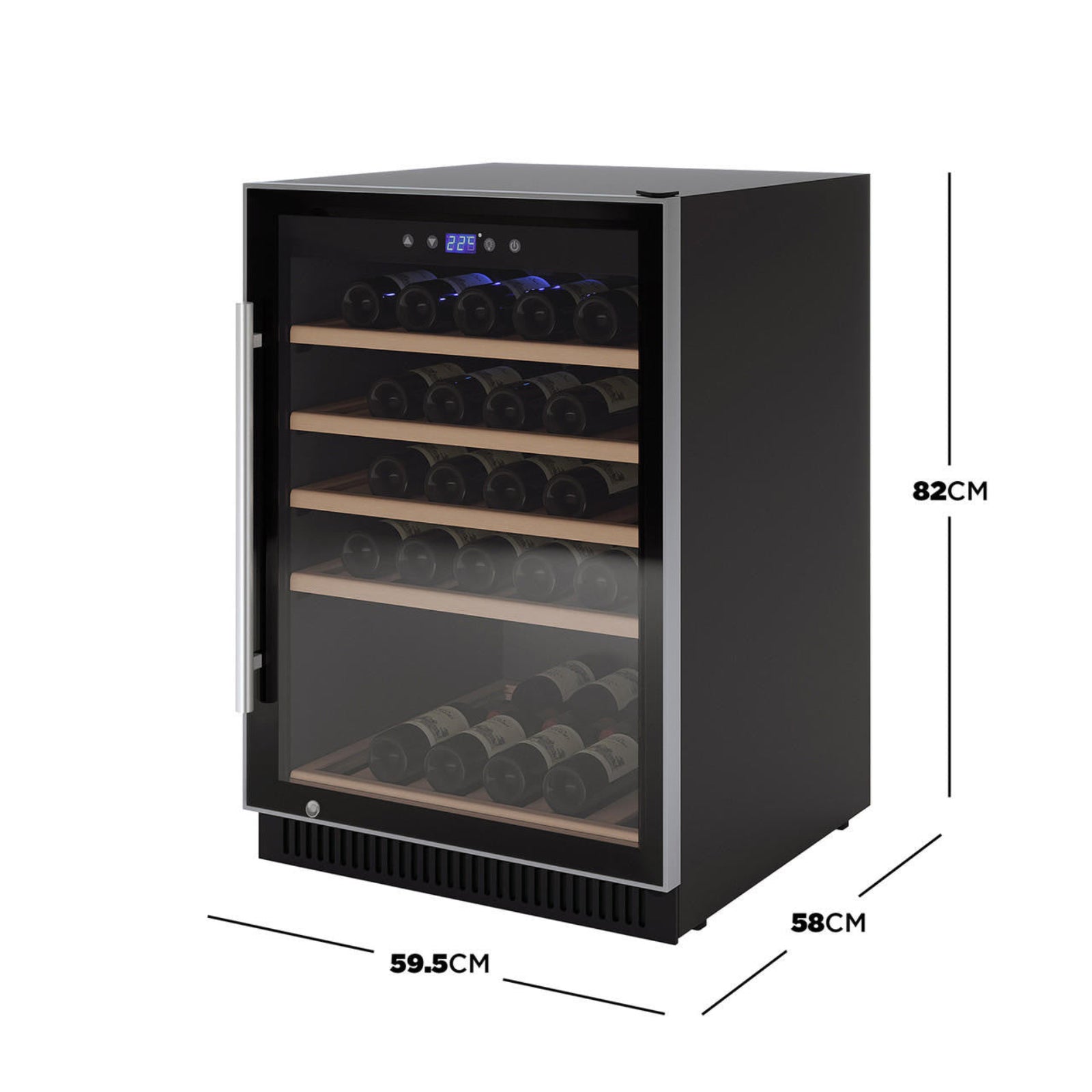 H51D 51 Bottle Slim Built in Wine Fridge with UV Glass in Black, featuring a stainless-trim glass door, digital display showing 2.25°C, and five wooden shelves stocked with wine bottles.
