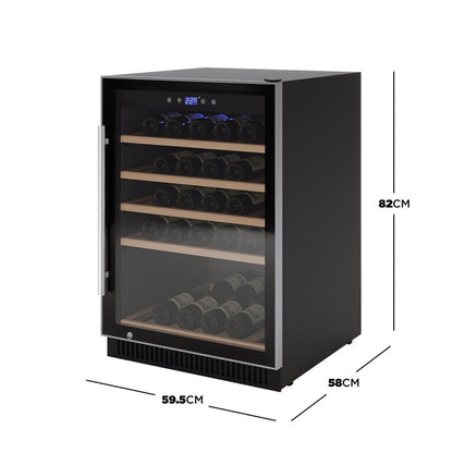 H51D 51 Bottle Slim Built in Wine Fridge with UV Glass in Black, featuring a stainless-trim glass door, digital display showing 2.25°C, and five wooden shelves stocked with wine bottles.