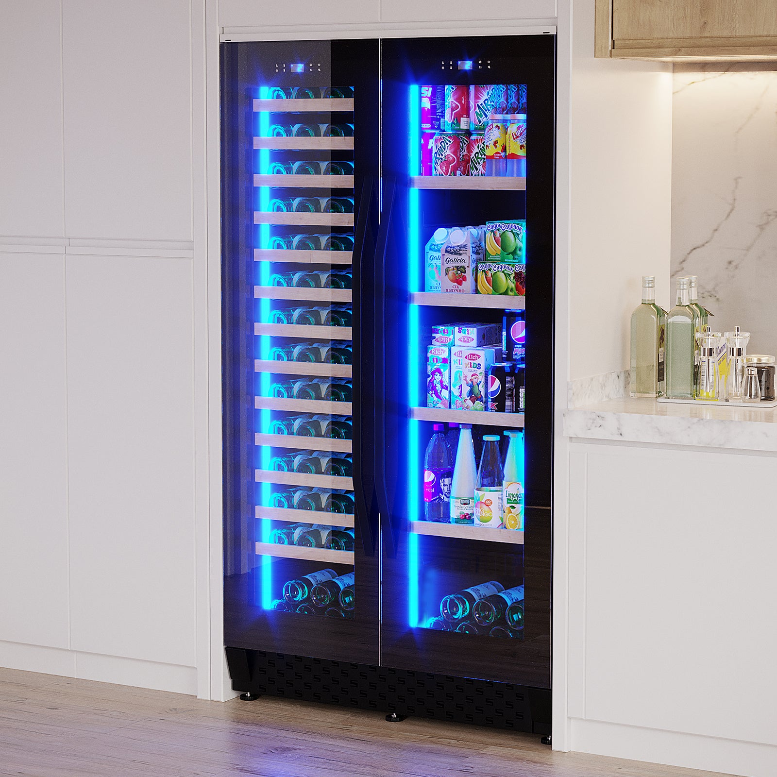 I122D 365L Dual Zone Wine & Drink Bar Fridge in Black, featuring two-door design with wooden wine shelves and beverage storage, nestled in a modern kitchen setting with LED lighting.