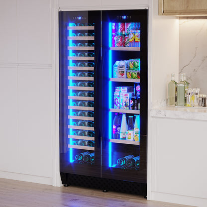I122D 365L Dual Zone Wine & Drink Bar Fridge in Black, featuring two-door design with wooden wine shelves and beverage storage, nestled in a modern kitchen setting with LED lighting.