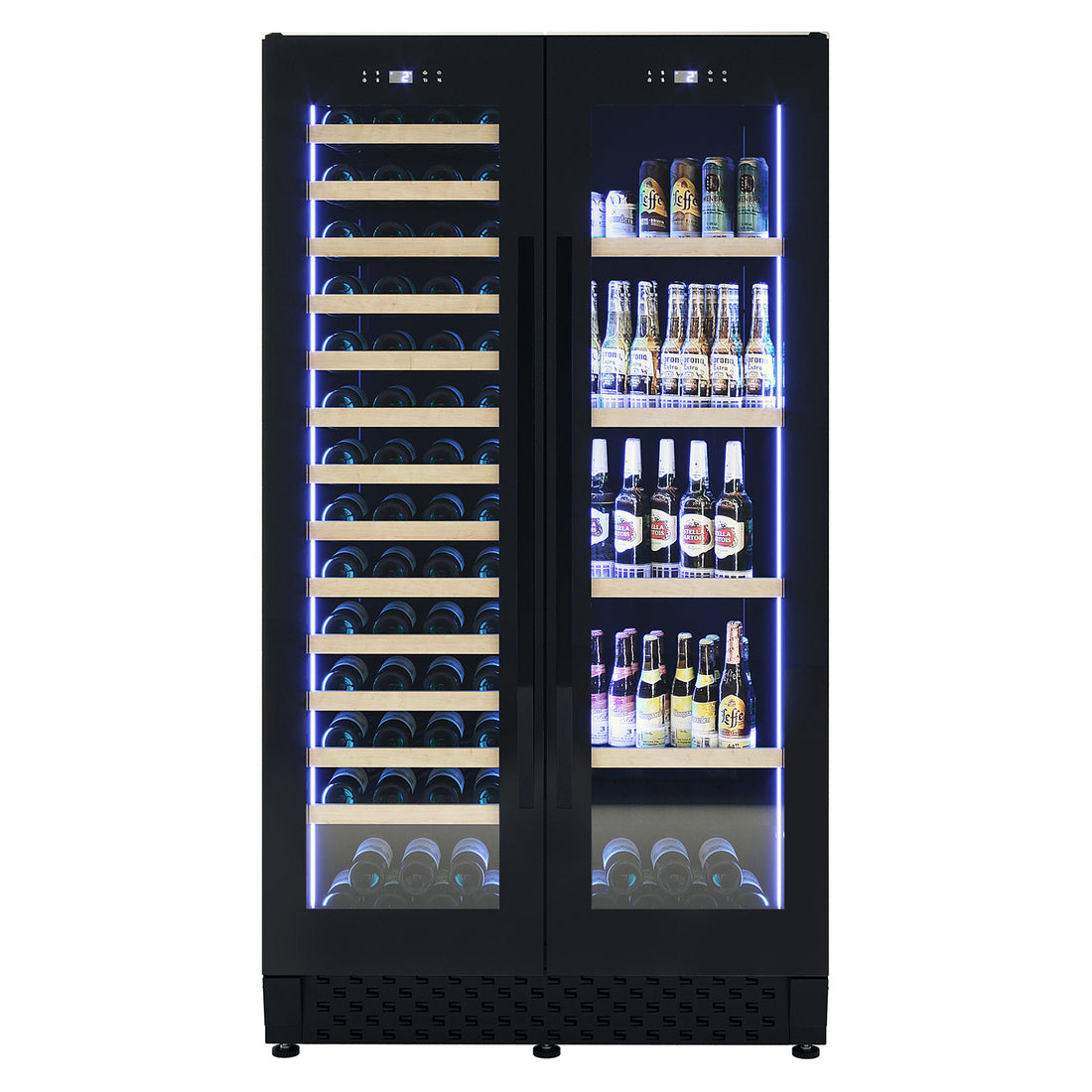 I122D 365L Dual Zone Wine & Drink Bar Fridge in Black featuring a sleek design, glass doors, LED lighting, wooden shelves for wine bottles, and separate compartments for beer cans.