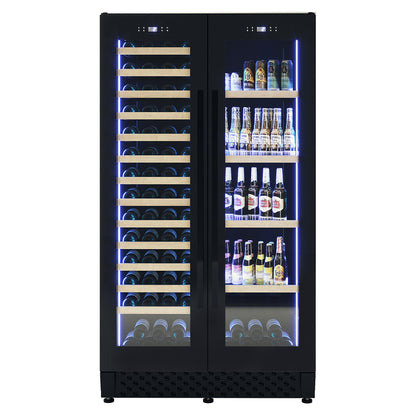 I122D 365L Dual Zone Wine & Drink Bar Fridge in Black featuring a sleek design, glass doors, LED lighting, wooden shelves for wine bottles, and separate compartments for beer cans.