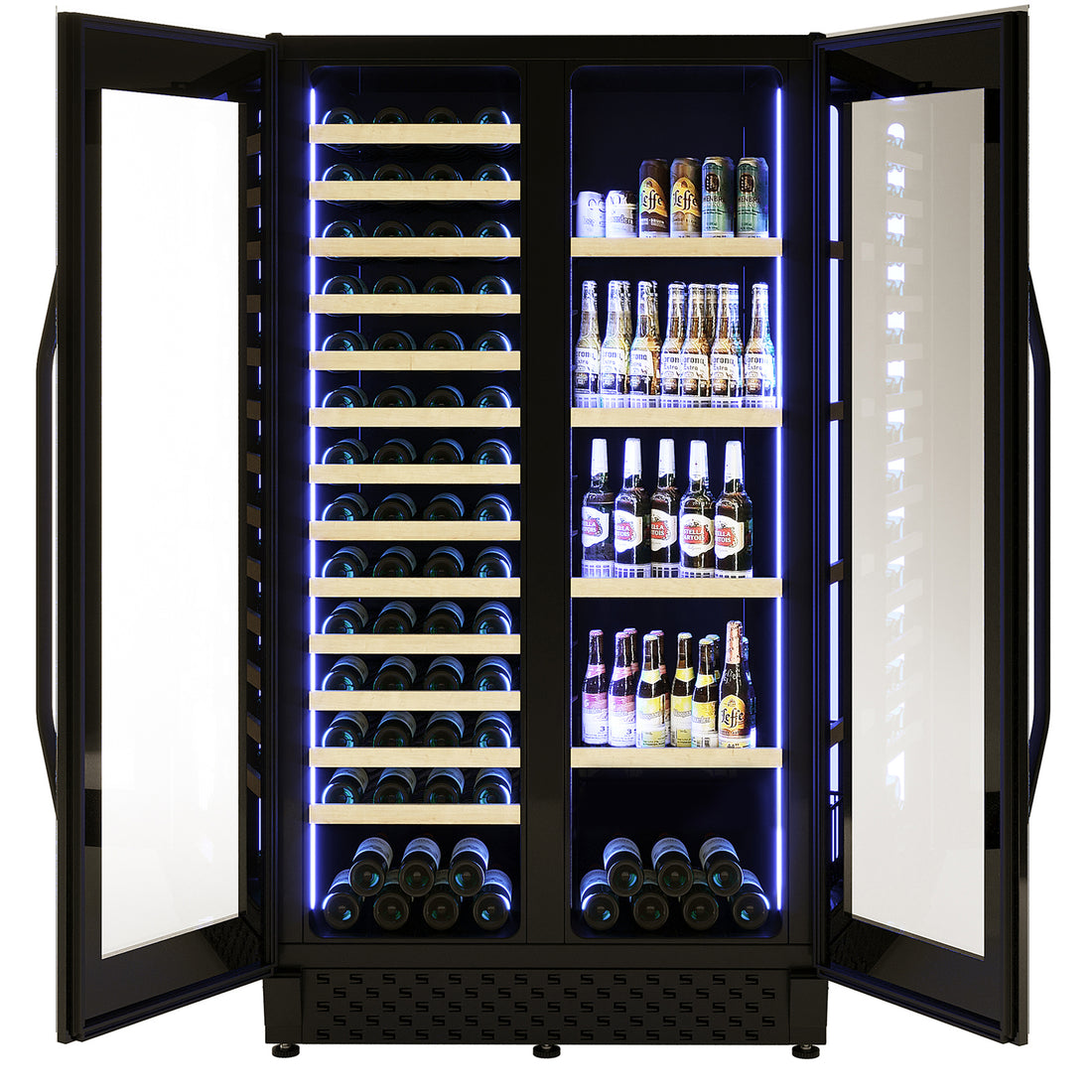 I122D 365L Dual Zone Wine & Drink Bar Fridge in Black, featuring open glass doors, left side with horizontal wine bottles, right side with upright beer bottles and cans, illuminated by cool-blue LED lighting.