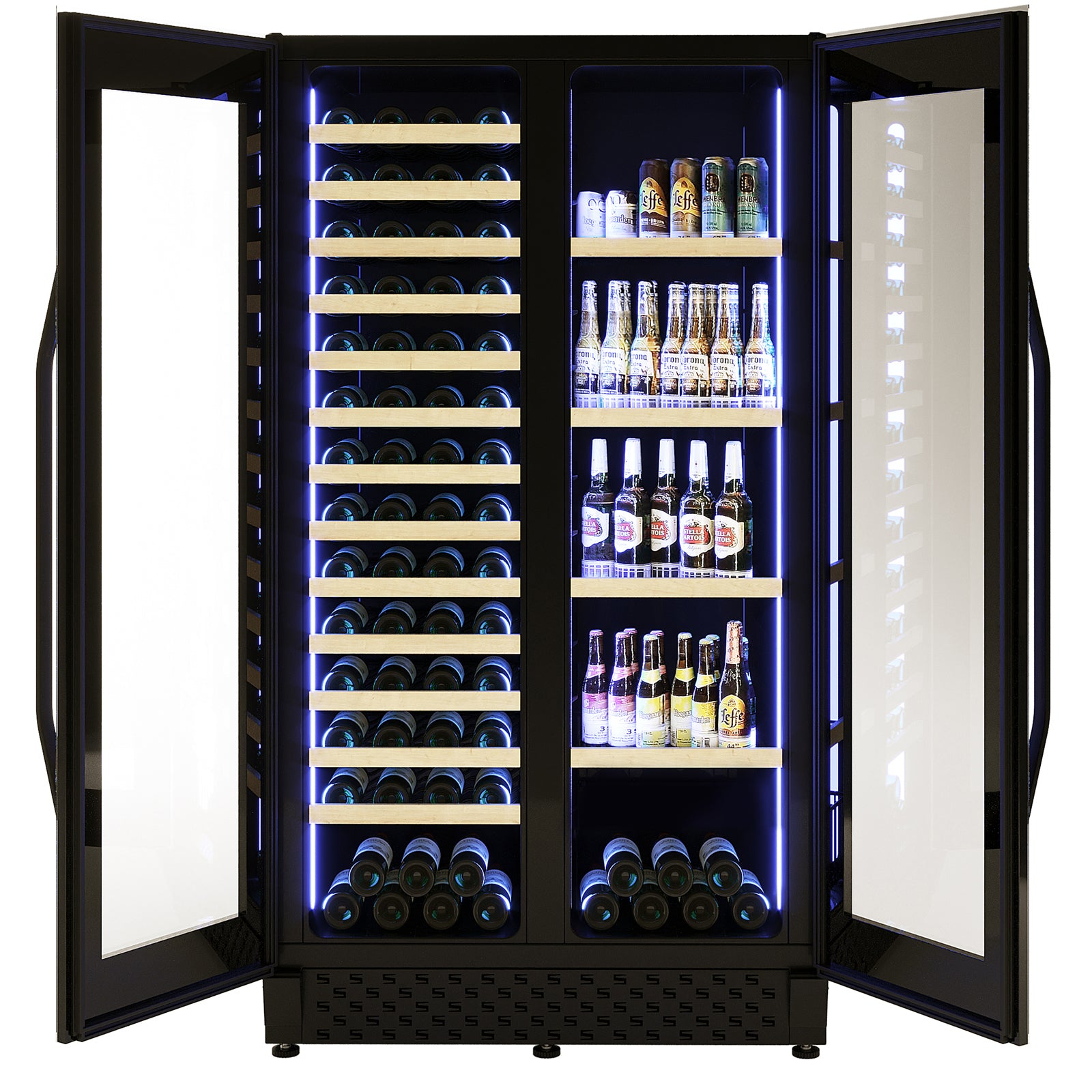 I122D 365L Dual Zone Wine & Drink Bar Fridge in Black, featuring open glass doors, left side with horizontal wine bottles, right side with upright beer bottles and cans, illuminated by cool-blue LED lighting.