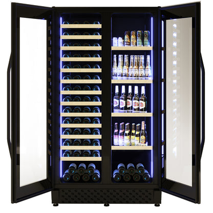 I122D 365L Dual Zone Wine & Drink Bar Fridge in Black, featuring open glass doors, left side with horizontal wine bottles, right side with upright beer bottles and cans, illuminated by cool-blue LED lighting.