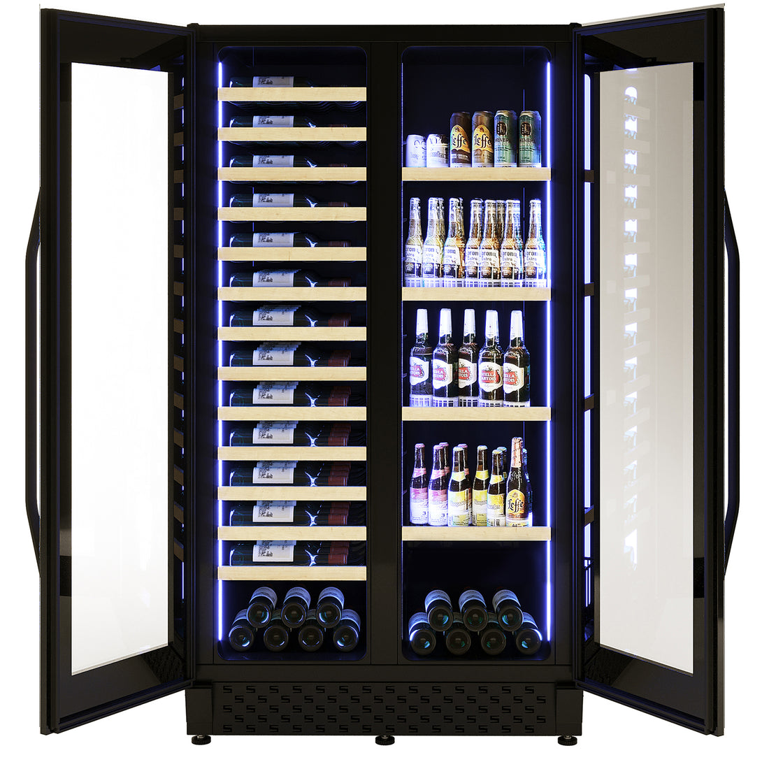 I122D 365L Dual Zone Wine & Drink Bar Fridge in Black, featuring open double doors with wooden shelves for wine on the left and glass shelves with beer and cans on the right.
