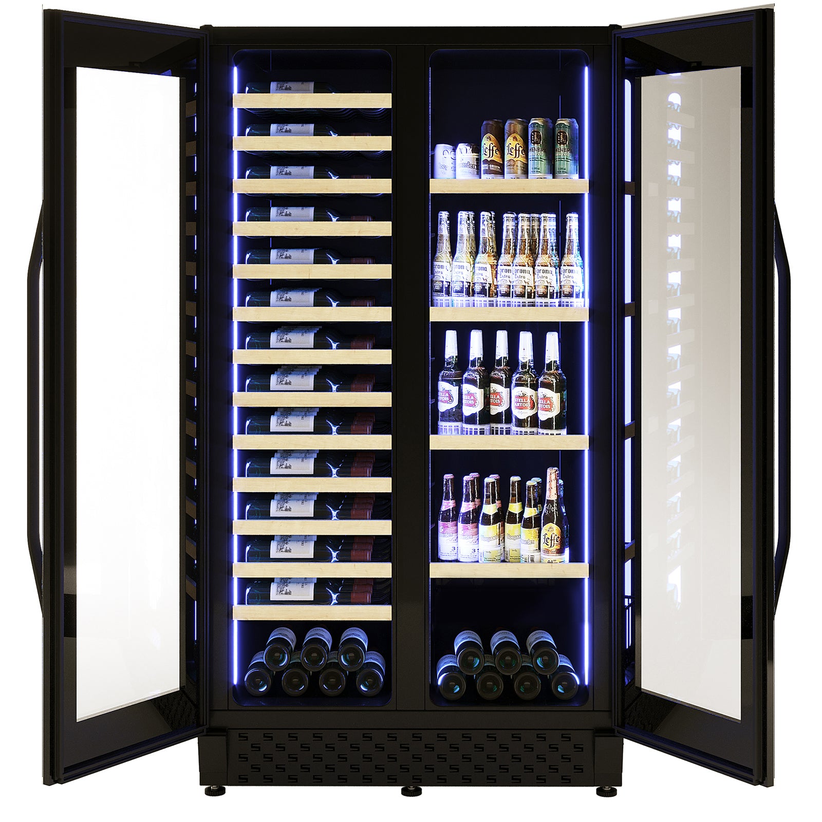 I122D 365L Dual Zone Wine & Drink Bar Fridge in Black, featuring open double doors with wooden shelves for wine on the left and glass shelves with beer and cans on the right.