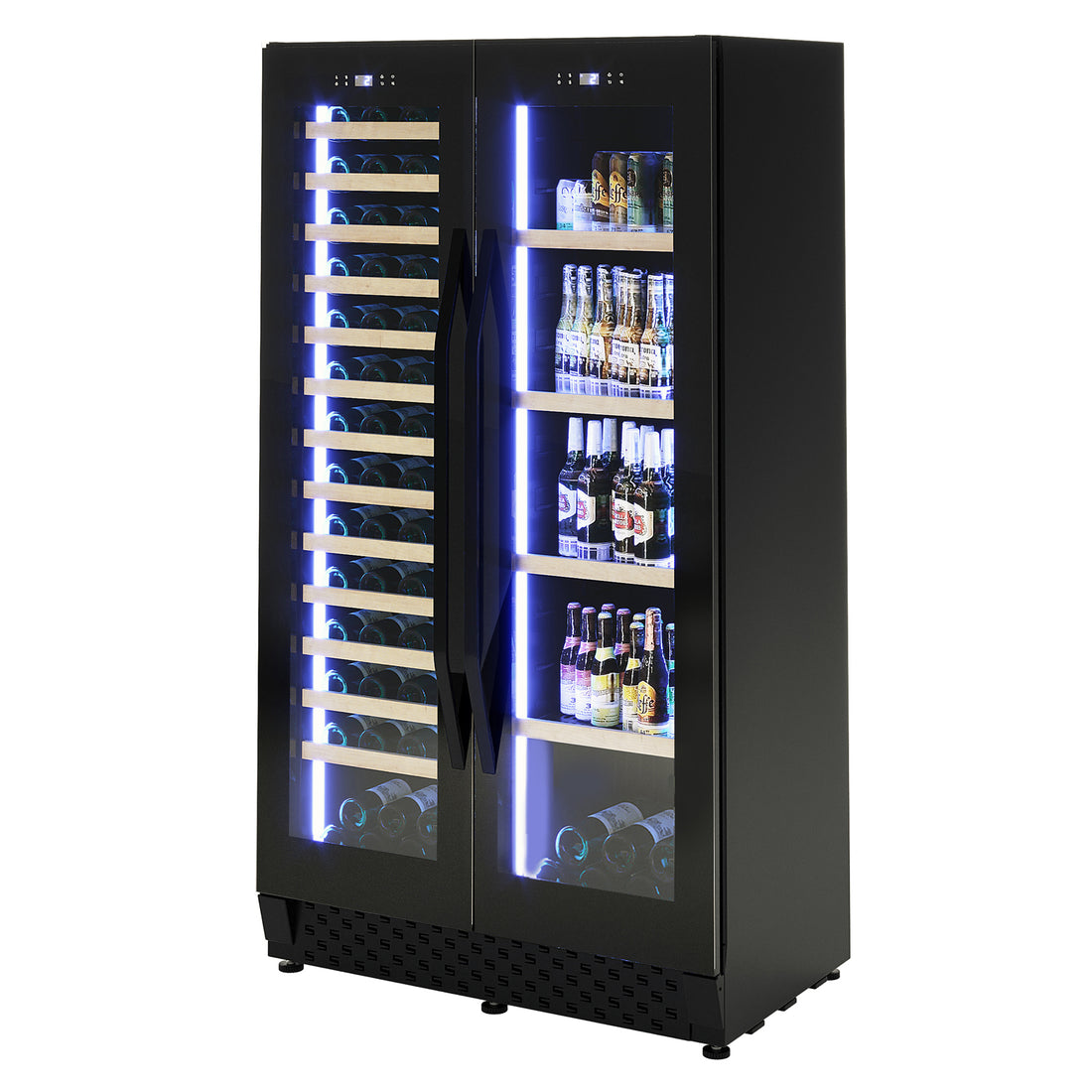 I122D 365L Dual Zone Wine & Drink Bar Fridge in Black, featuring dual glass doors with wooden wine racks on the left and shelves for beer bottles and cans on the right, illuminated by LED lights.