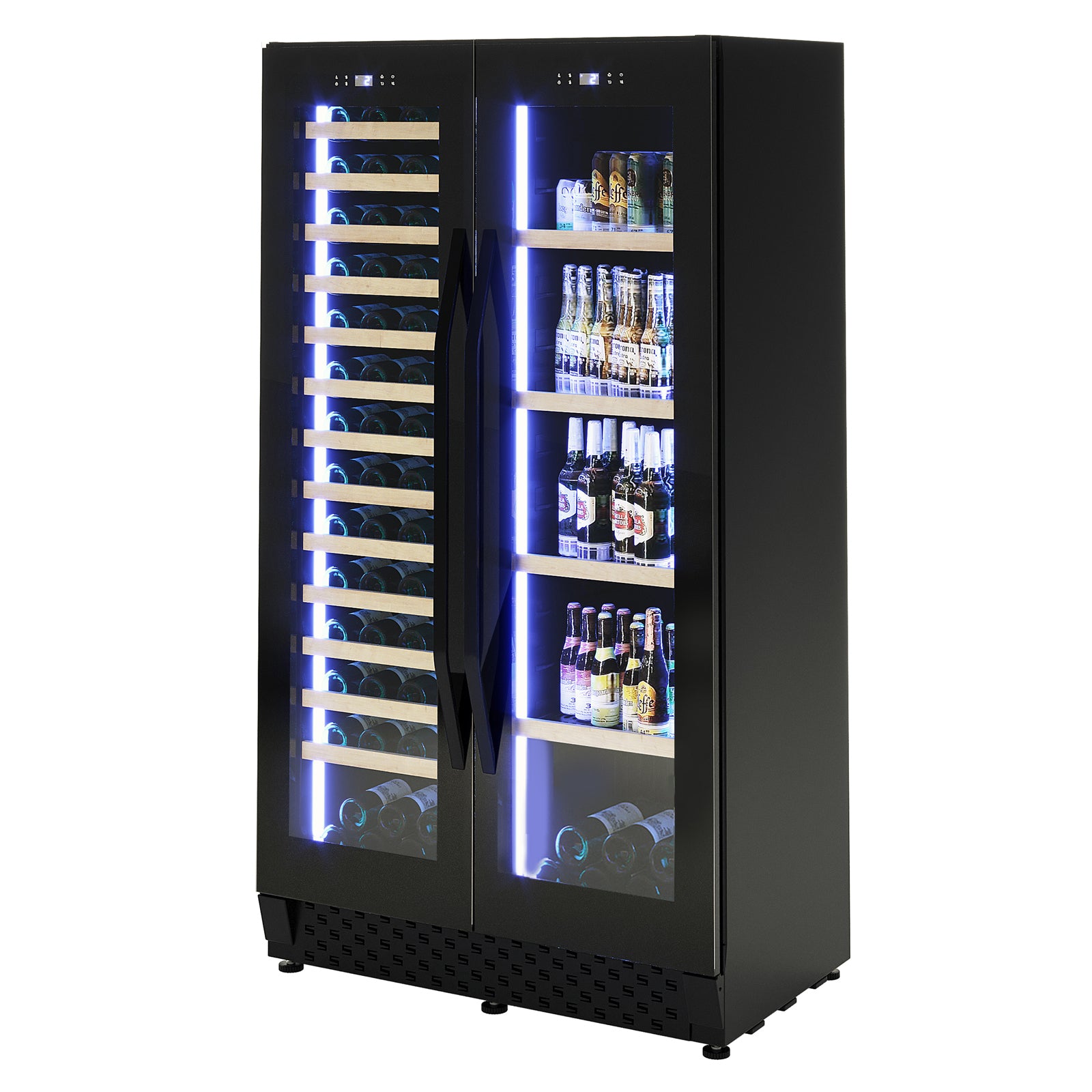 I122D 365L Dual Zone Wine & Drink Bar Fridge in Black, featuring dual glass doors with wooden wine racks on the left and shelves for beer bottles and cans on the right, illuminated by LED lights.