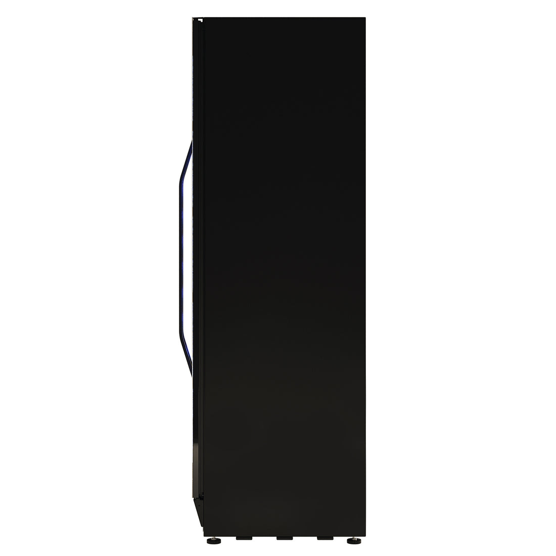 Side-profile of the I122D 365L Dual Zone Wine & Drink Bar Fridge in Black, featuring a sleek tubular handle and adjustable leveling feet, designed for stylish and efficient beverage storage.