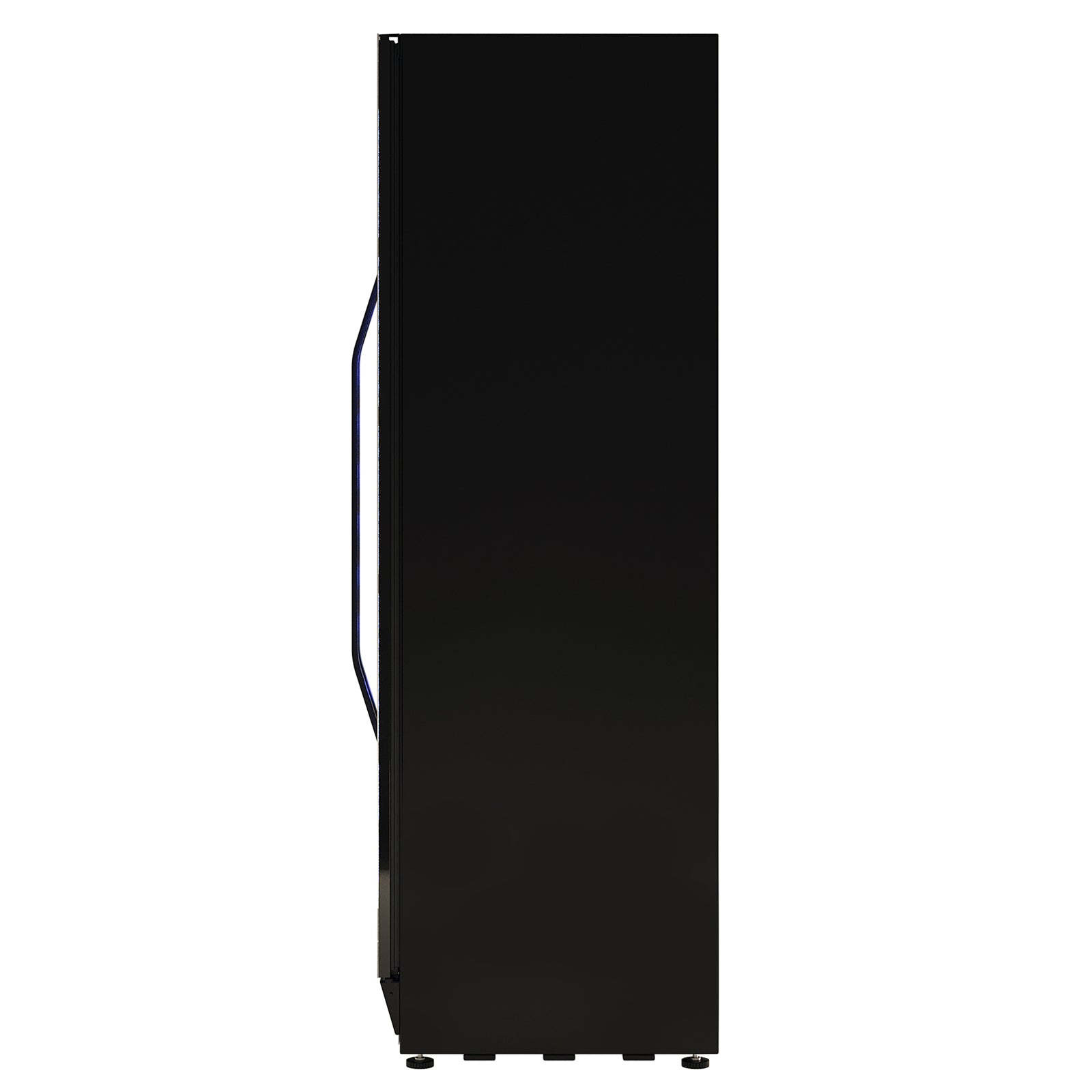 Side-profile of the I122D 365L Dual Zone Wine & Drink Bar Fridge in Black, featuring a sleek tubular handle and adjustable leveling feet, designed for stylish and efficient beverage storage.