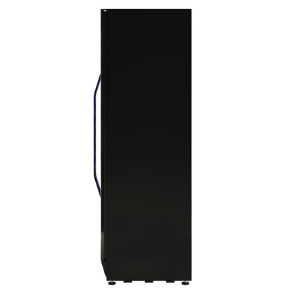 Side-profile of the I122D 365L Dual Zone Wine & Drink Bar Fridge in Black, featuring a sleek tubular handle and adjustable leveling feet, designed for stylish and efficient beverage storage.