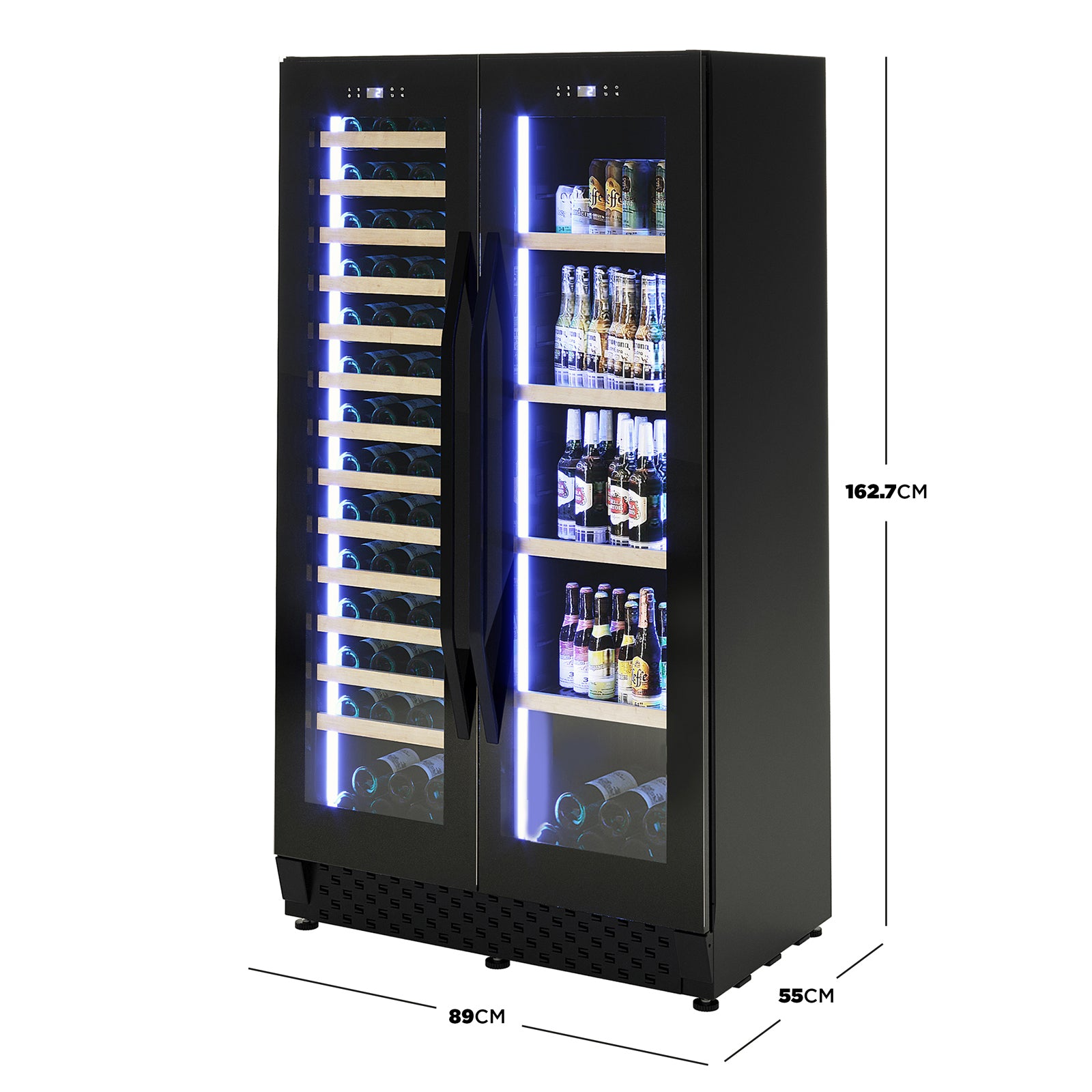 I122D 365L Dual Zone Wine & Drink Bar Fridge in Black with glass doors. Left: wooden shelves with wine bottles. Right: glass shelves with beer cans. LED lighting and digital displays visible.
