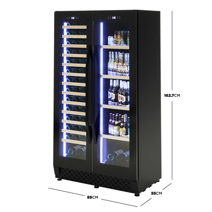 I122D 365L Dual Zone Wine & Drink Bar Fridge in Black with glass doors. Left: wooden shelves with wine bottles. Right: glass shelves with beer cans. LED lighting and digital displays visible.