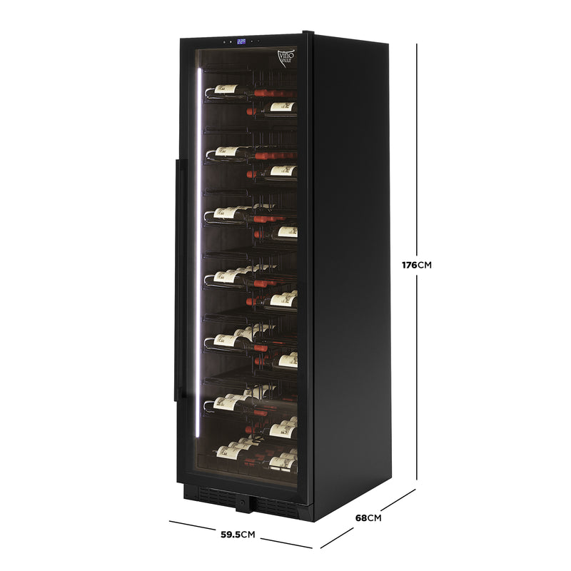 VinoVault 155 Bottle Built-In Single Zone Wine Fridge – Black with glass door, showcasing interior wine bottles on telescopic shelves; dimensions displayed.