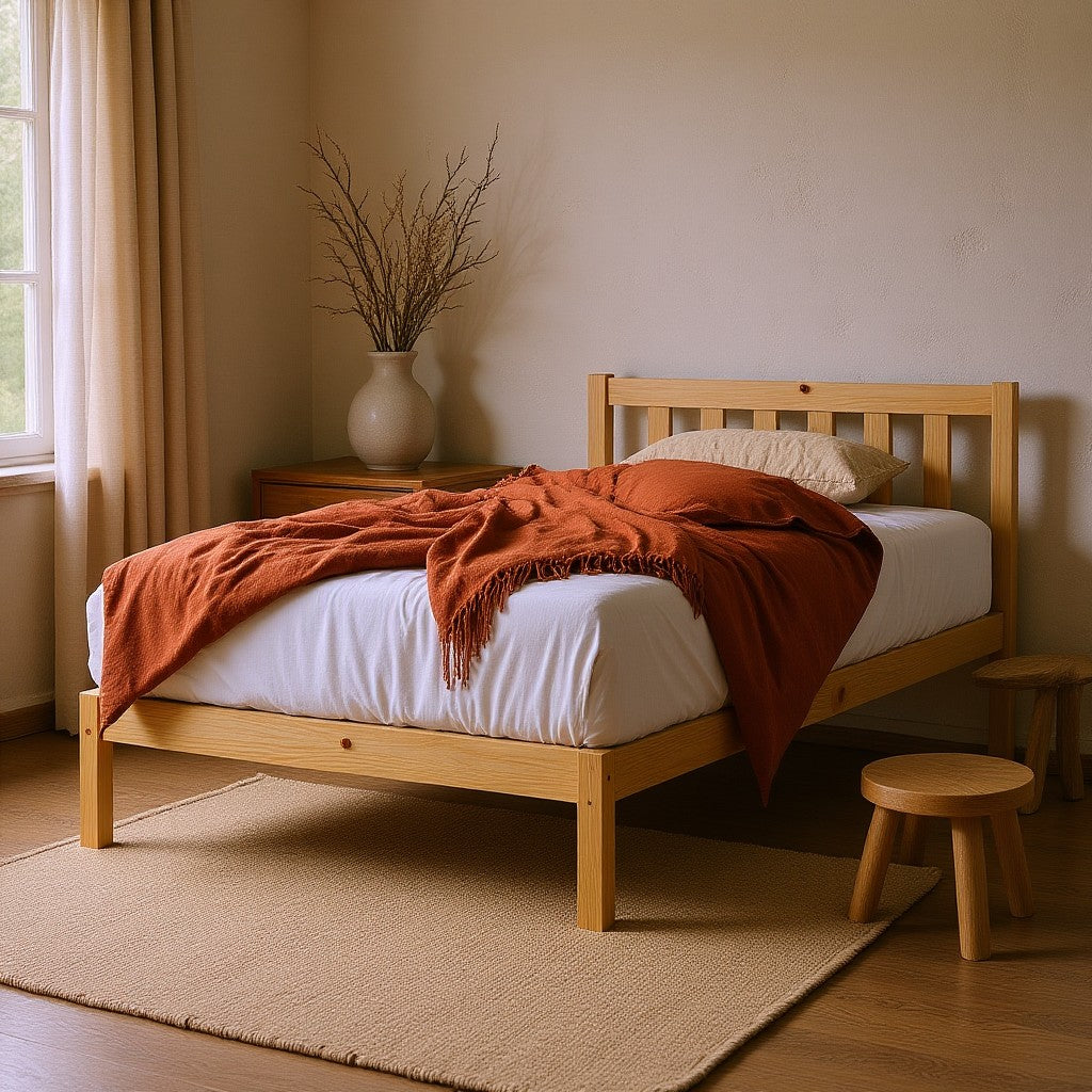 Drusa Single Solid Pine Wooden Bed Frame in Natural, featuring a light-wood construction with a minimalist design, paired with a rust throw blanket and beige pillow, placed on a natural-fiber rug.