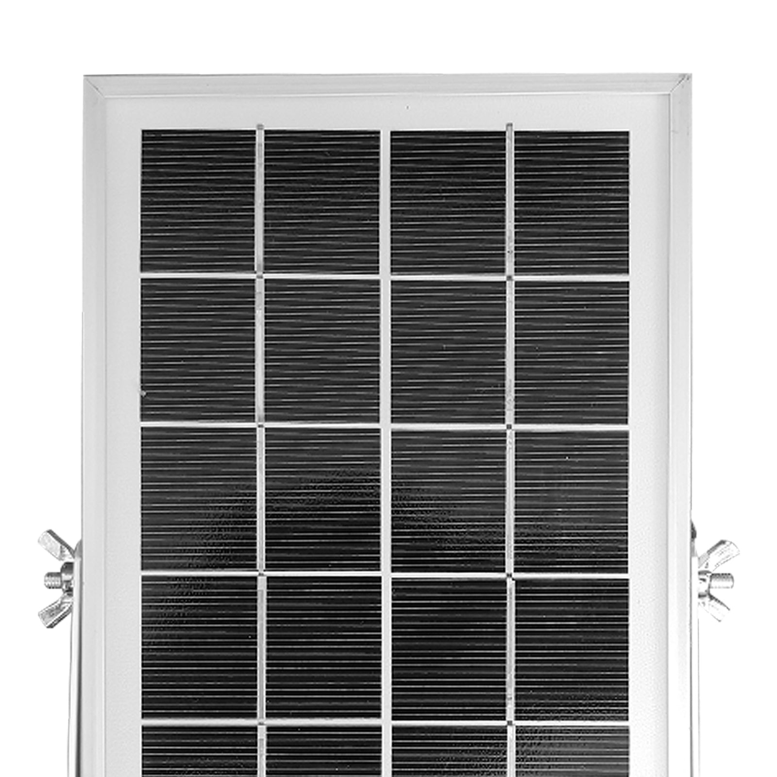 Framed photovoltaic Solar Panel Charger for LED Garden & Pathway Lights with dark solar cells in a silver aluminum frame, held by an adjustable bracket with wing-nut fasteners, for outdoor use.