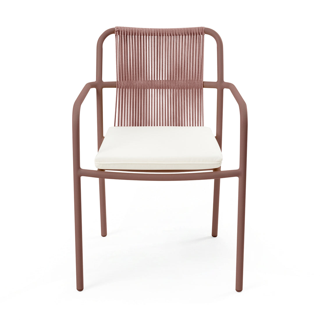 Evone 4-Seater Stone Outdoor Dining Table Set features a modern chair with a terracotta tubular metal frame, vertically-strung rope backrest, and off-white cushioned seat, offering sophisticated outdoor style.