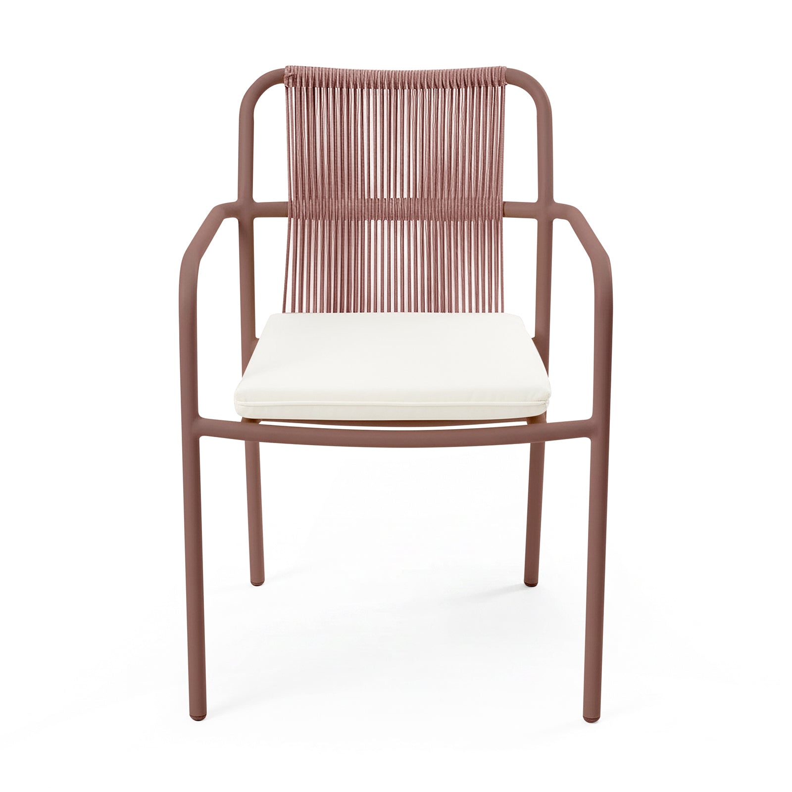 Evone 4-Seater Stone Outdoor Dining Table Set features a modern chair with a terracotta tubular metal frame, vertically-strung rope backrest, and off-white cushioned seat, offering sophisticated outdoor style.