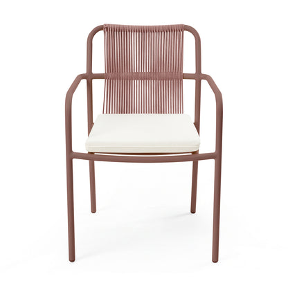 Evone 4-Seater Stone Outdoor Dining Table Set features a modern chair with a terracotta tubular metal frame, vertically-strung rope backrest, and off-white cushioned seat, offering sophisticated outdoor style.