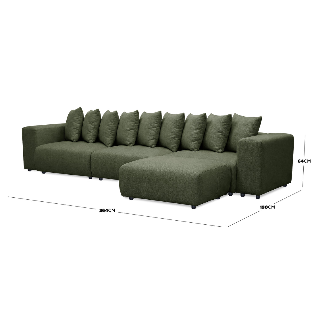 Dark green sectional sofa with dimensions on white background