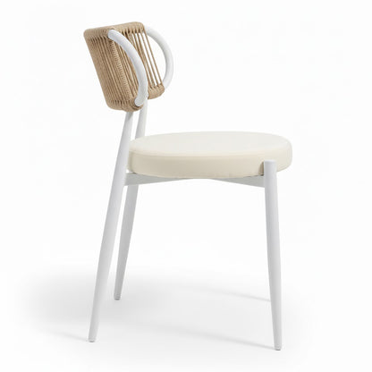 Cabria 9 Piece Sintered Stone Outdoor Dining Set in Beige features a modern dining chair with a white metal frame, light cream padded seat, and a woven natural backrest.