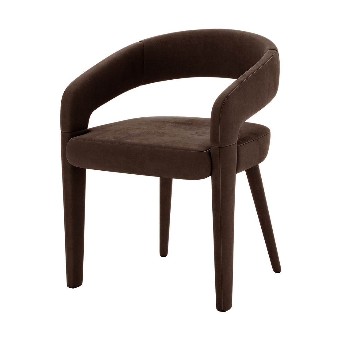 Eisha Velvet Dining Chair Set of 2 in Deep Mocha Brown, featuring a modern open-back design with low armrests, padded seat, and tapered legs, fully upholstered for a stylish dining experience.