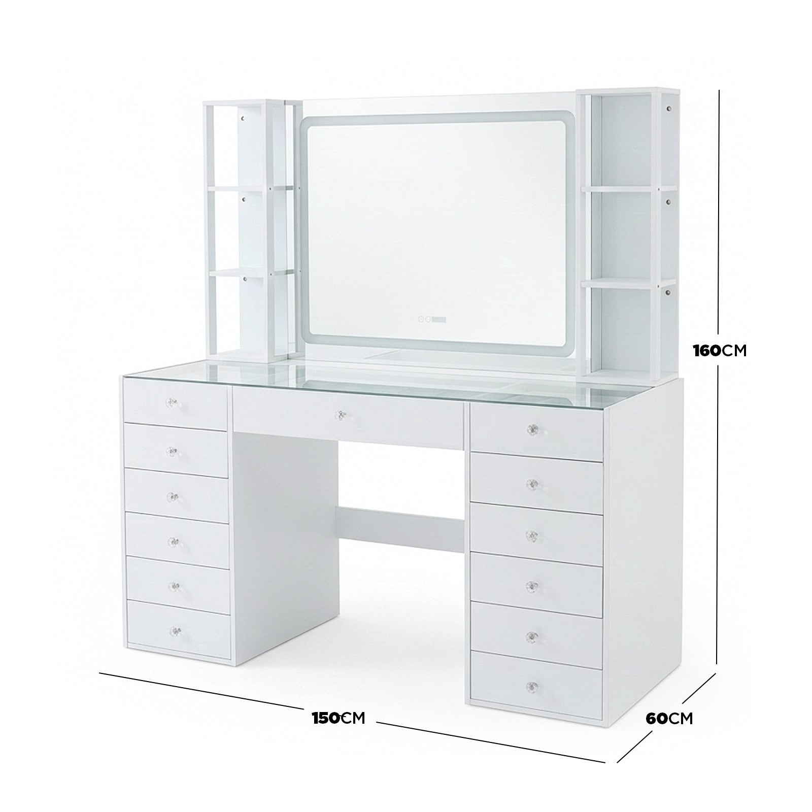 White vanity table with backlit mirror and dimension callouts on white background